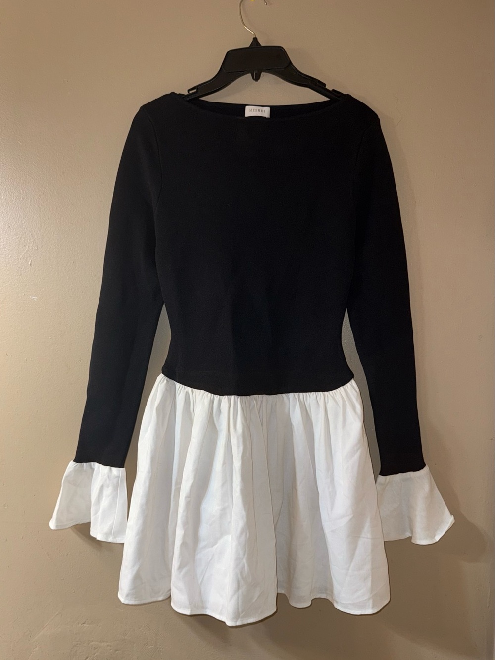 Meshki Black & White Mini Dress with Flared Skirt
